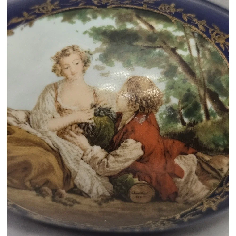 Vtg Cobalt Blue Porcelain Egg Trinket Box Romantic Courting Couple Gold Filagree